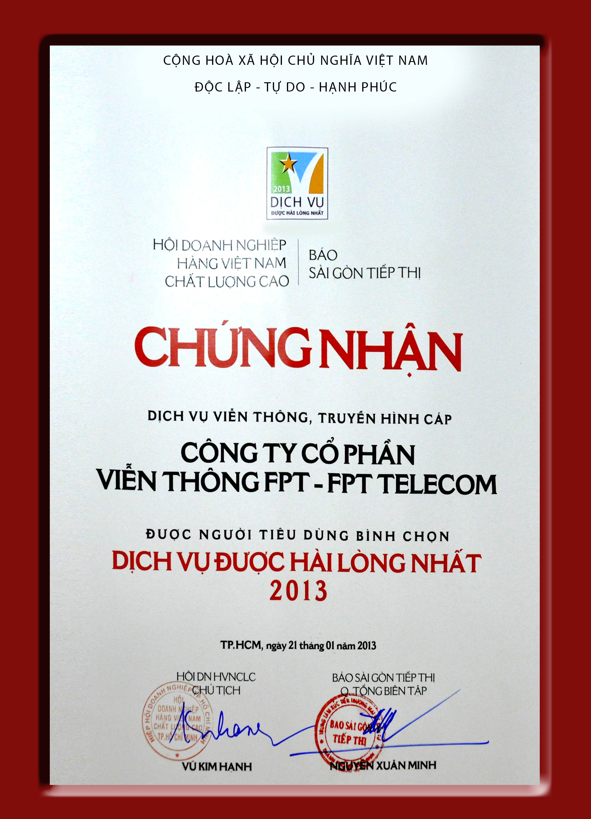 FPT - Chứng nhận dịch vụ internet được hài lòng nhất